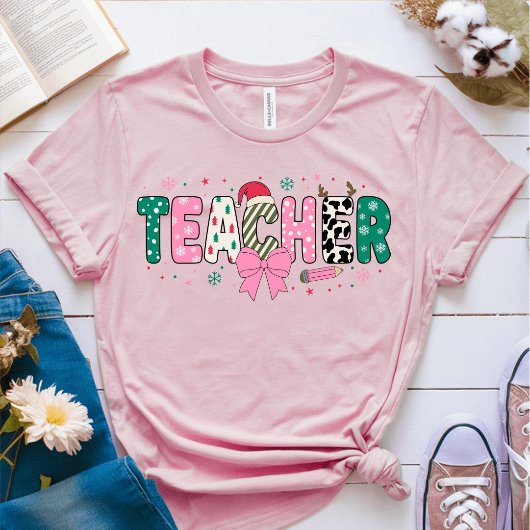 T-Shirt Pink / S Teacher Christmas Pink Bow Pattern T-Shirt