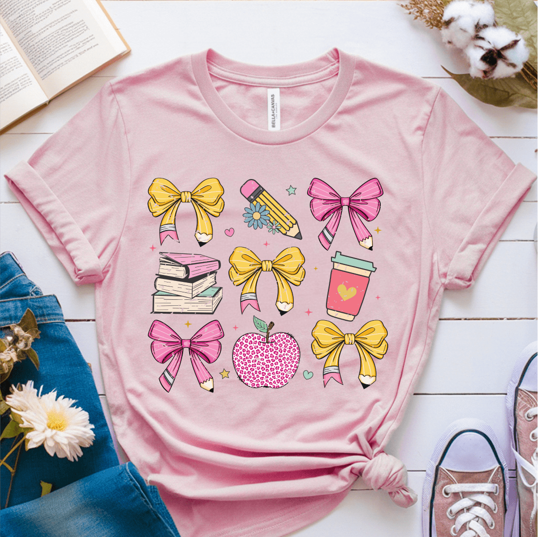 T-Shirt Pink / S Teacher Coquette Pencil Bow Retro T-Shirt