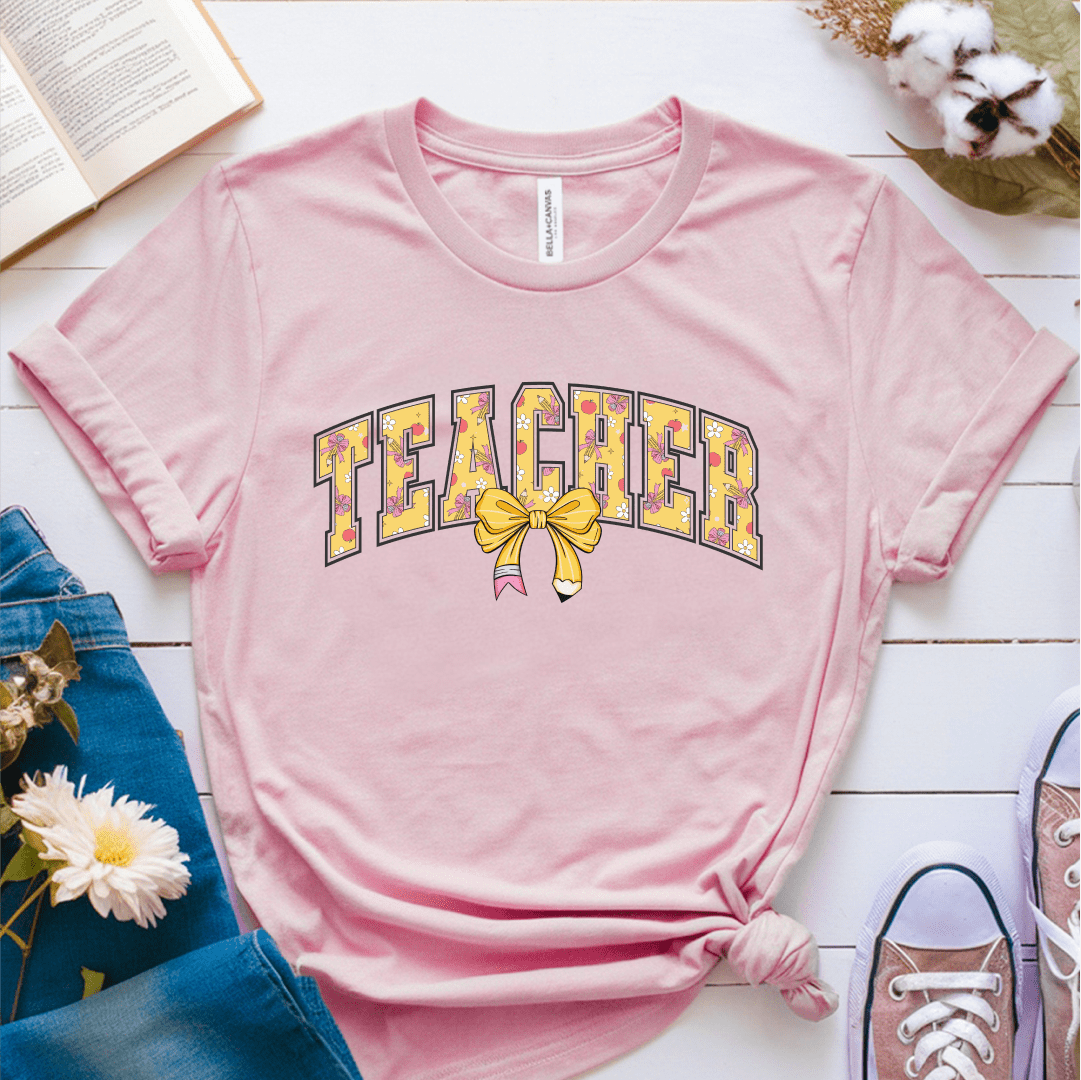 T-Shirt Pink / S Teacher Pencil Bow T-Shirt