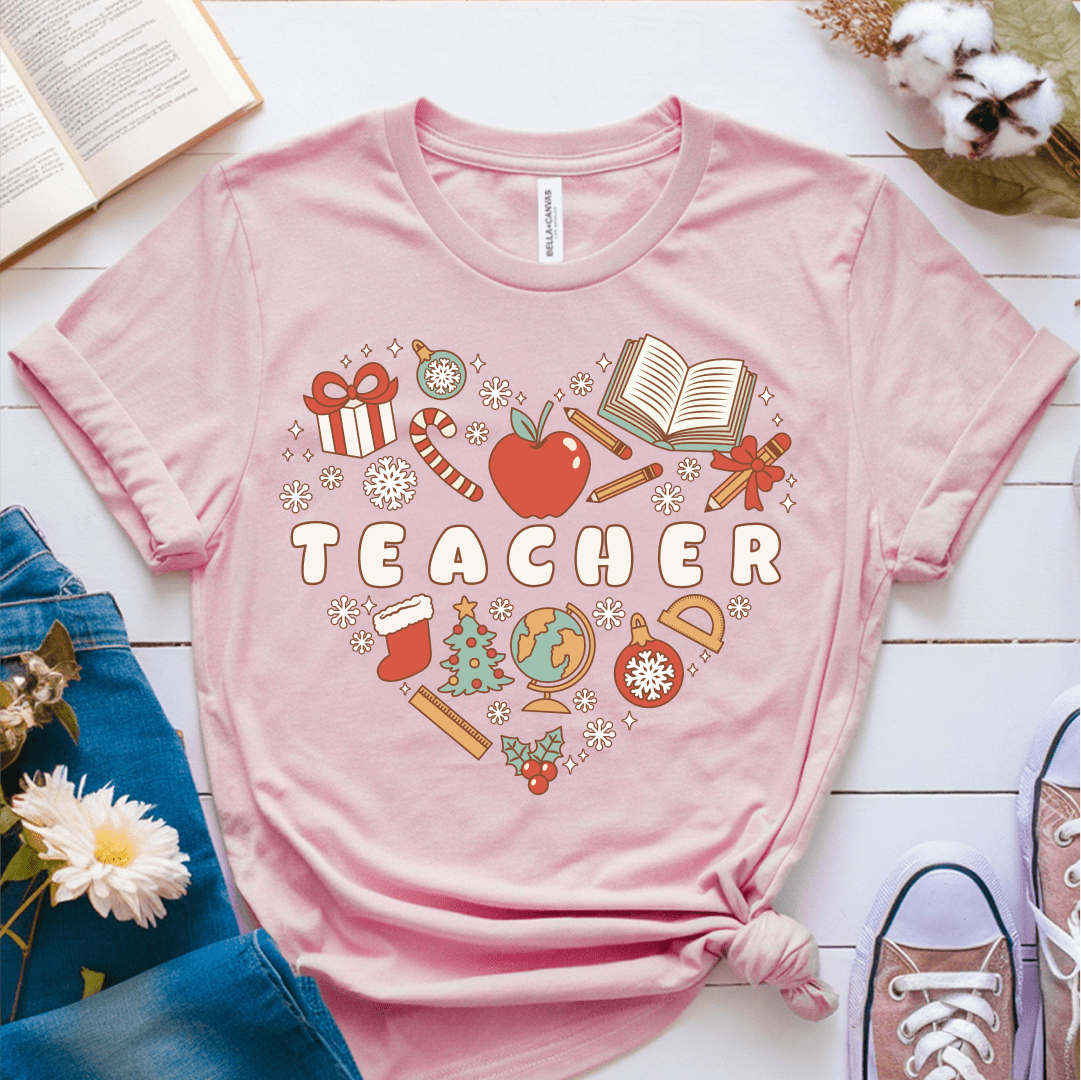 T-Shirt Pink / S Teacher Retro Christmas Heart T-Shirt