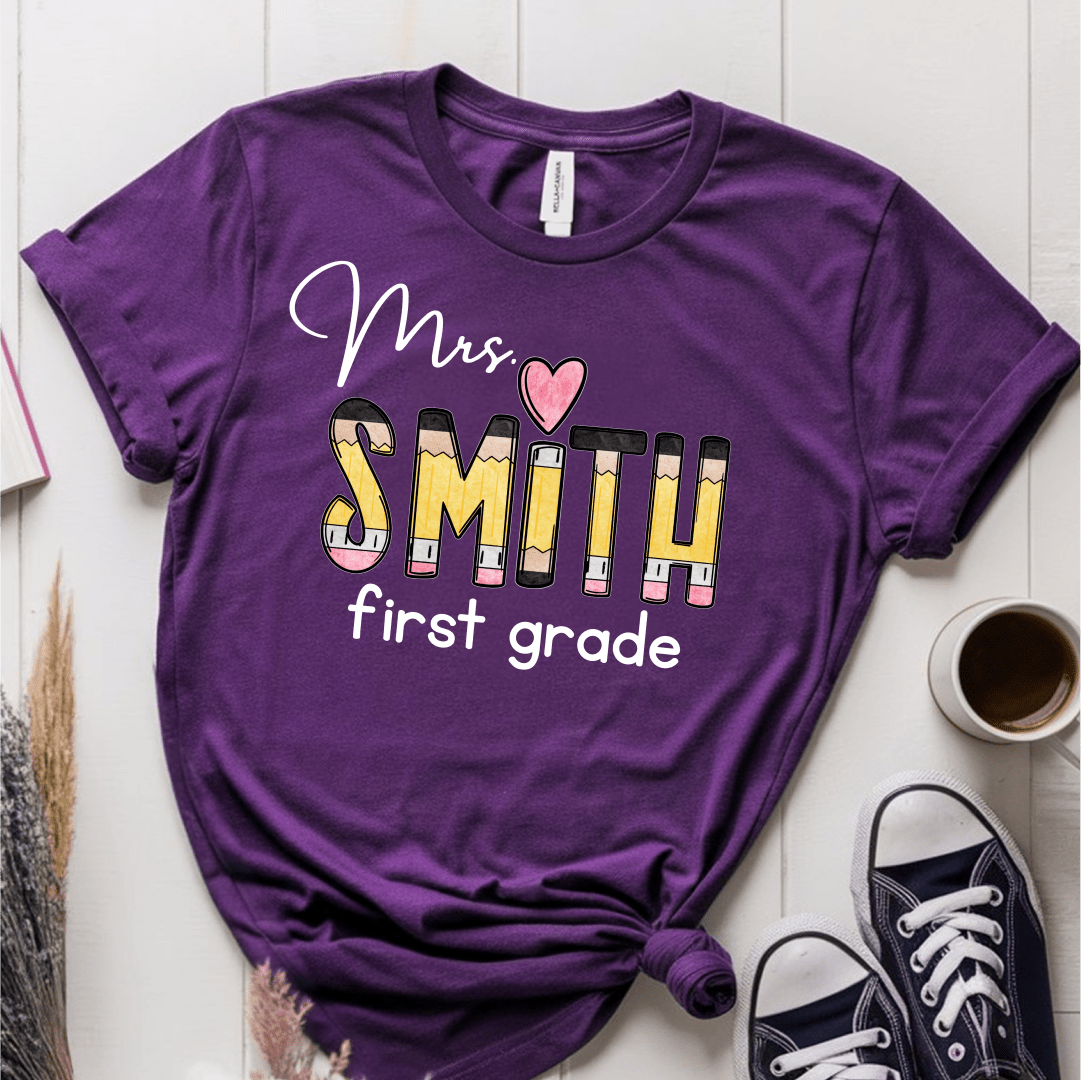 T-Shirt Purple / S Personalized Name And Grade Pencil Heart T-Shirt