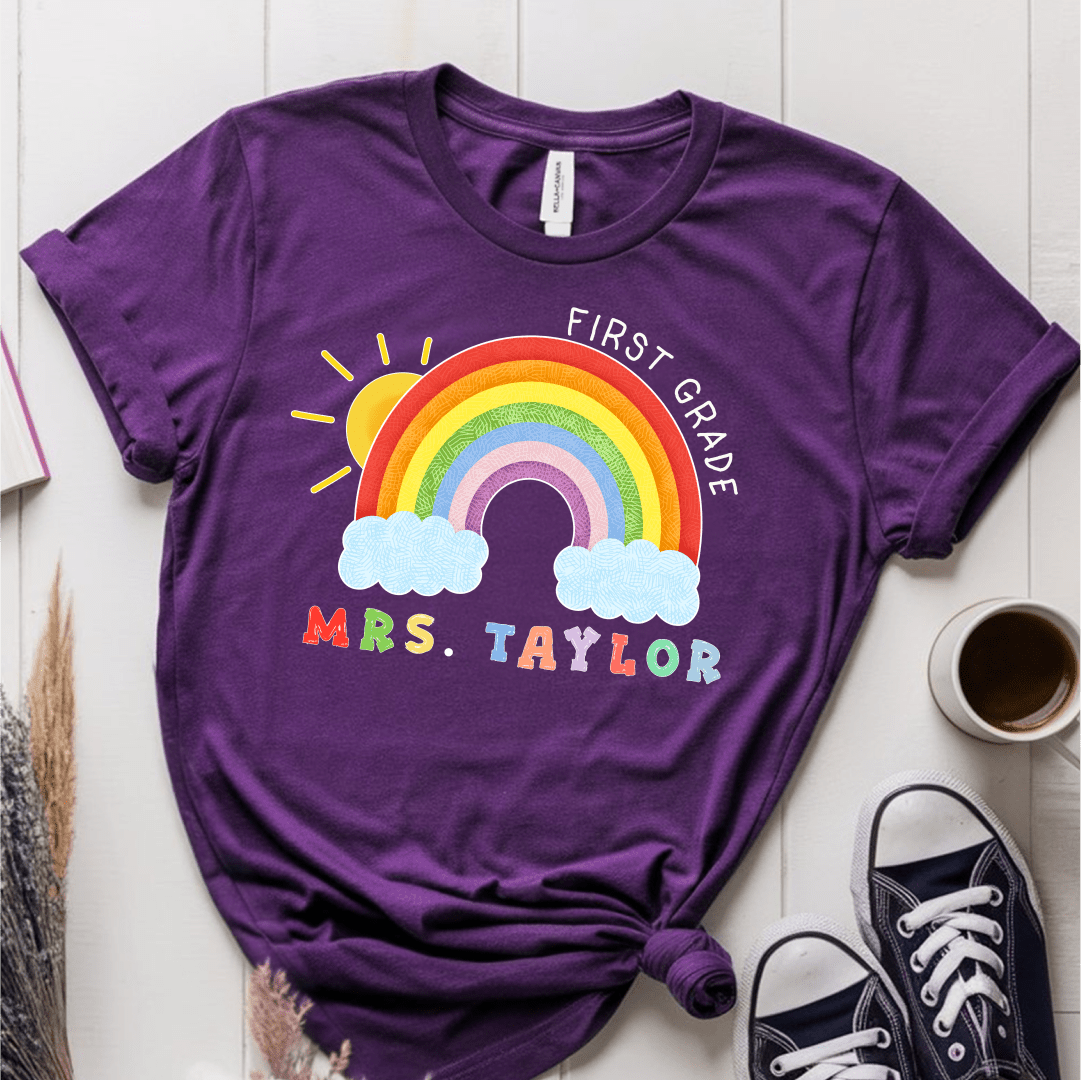 T-Shirt Purple / S Personalized Name Grade Rainbow Sun Colorful T-Shirt