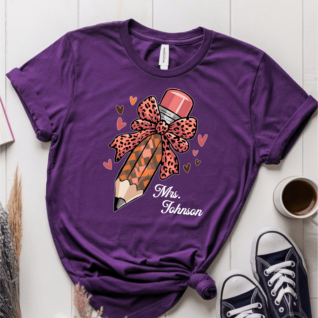 T-Shirt Purple / S Personalized Name Pencil Pattern Bow Hearts T-Shirt