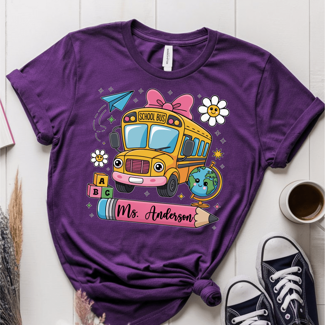 T-Shirt Purple / S Personalized Name School Bus Cute Icon Pencil T-Shirt