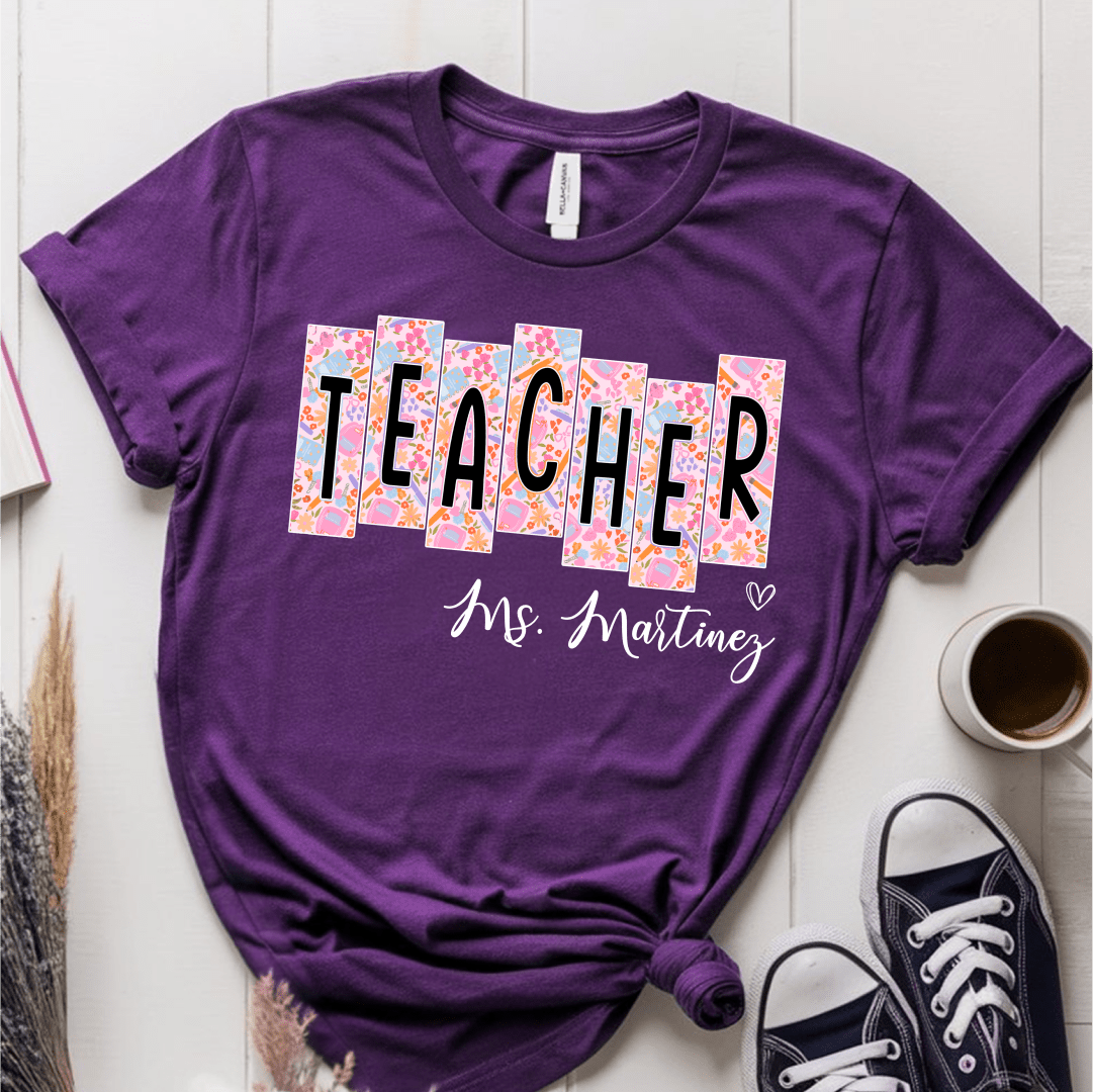 T-Shirt Purple / S Personalized Teacher Name Floral Block Design T-Shirt
