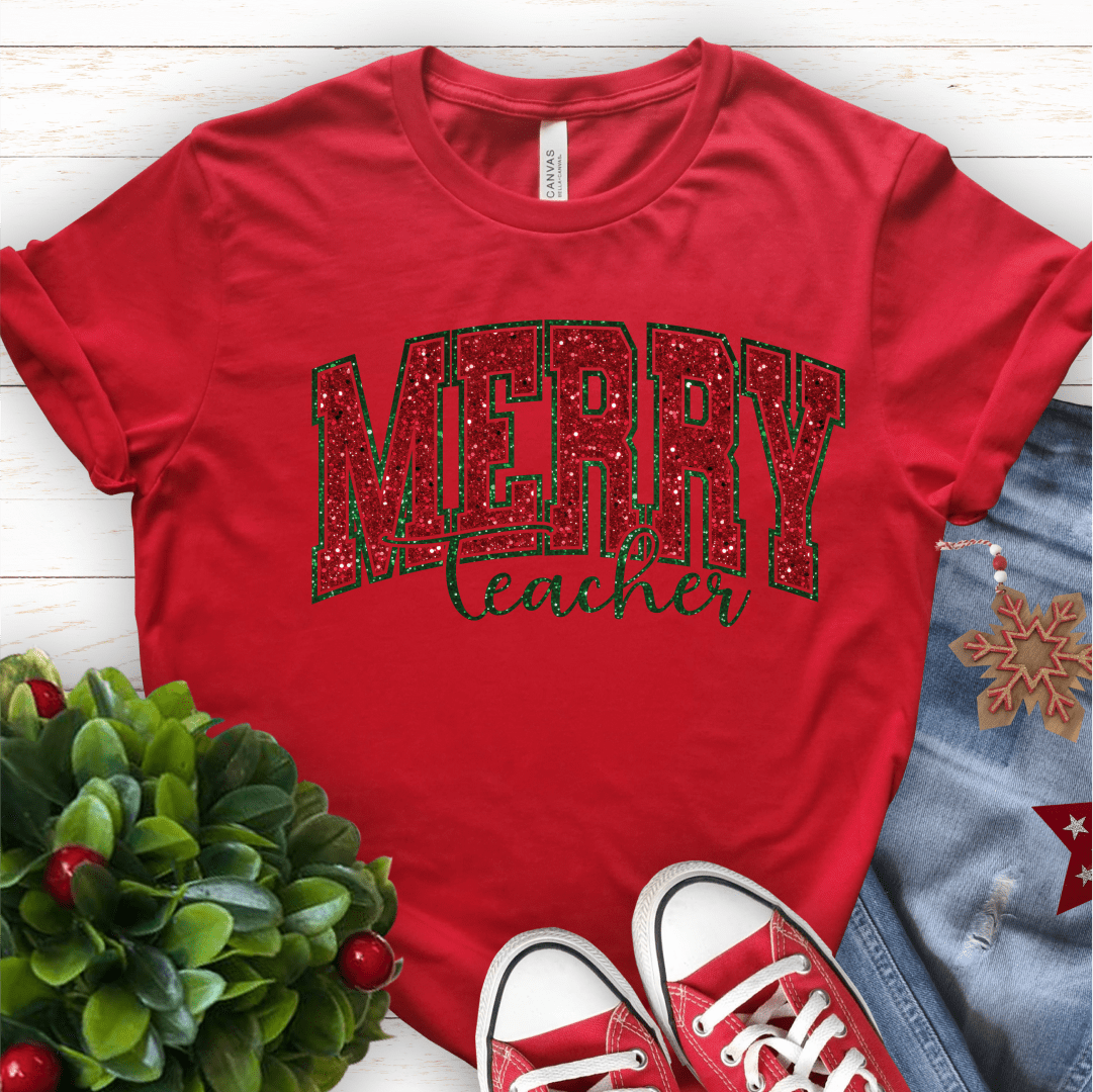 T-Shirt Red / S Merry Teacher Glitter T-Shirt