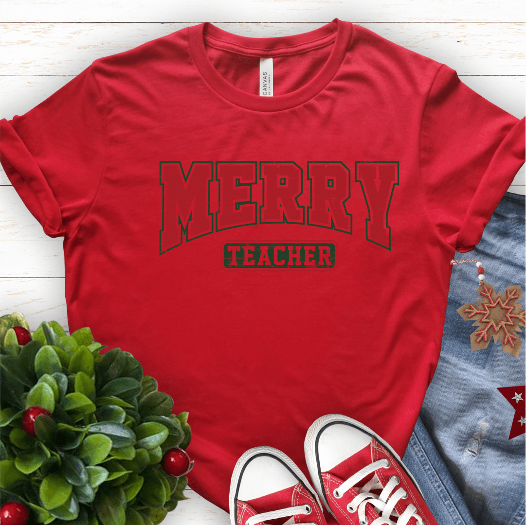 T-Shirt Red / S Merry Teacher Retro Vintage T-Shirt