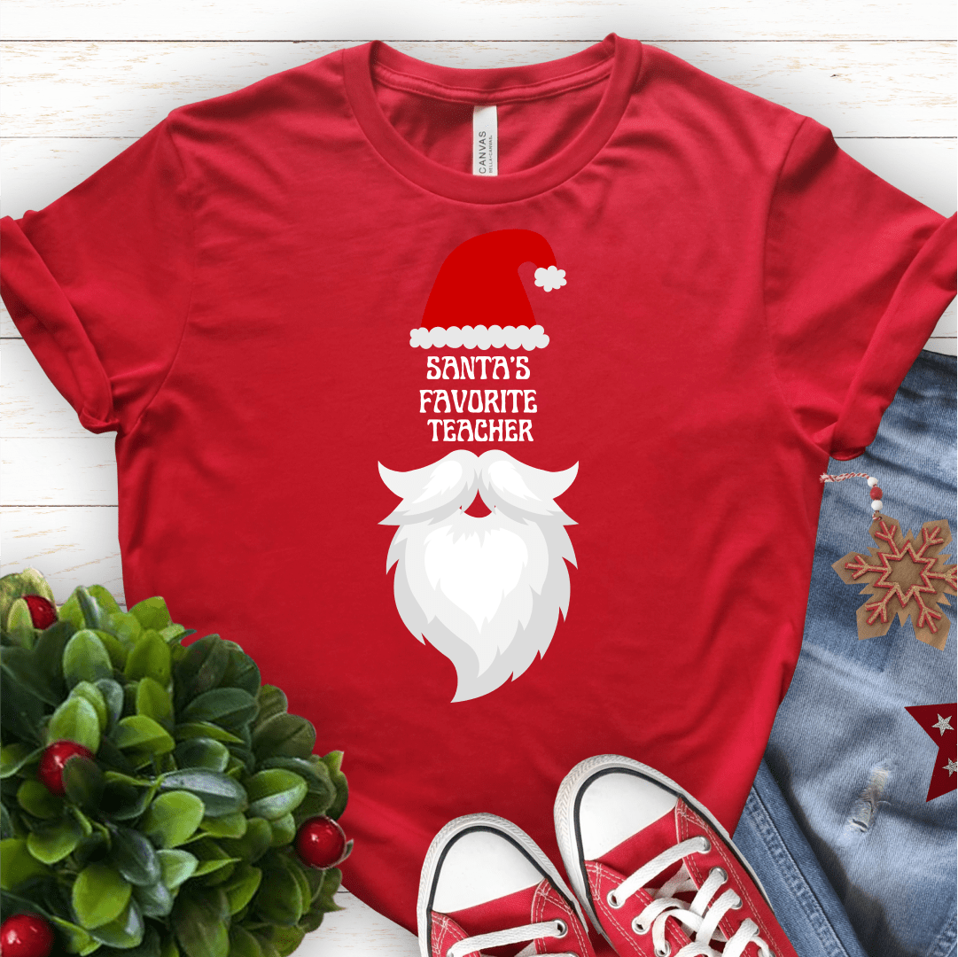 T-Shirt Red / S Santa's Favorite Teacher (hat beard) T-Shirt