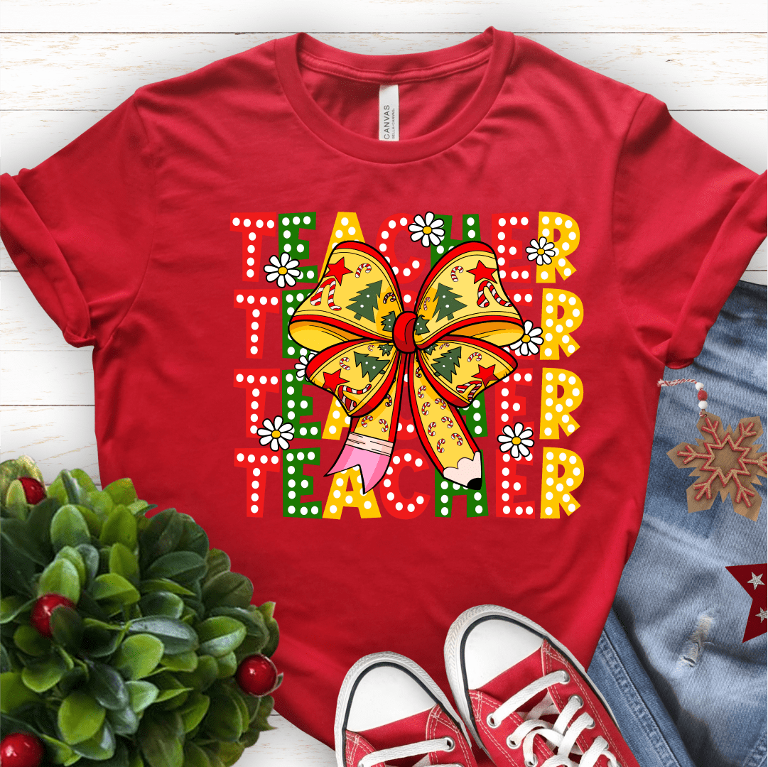 T-Shirt Red / S Teacher Bow Christmas Red Green Yellow T-Shirt