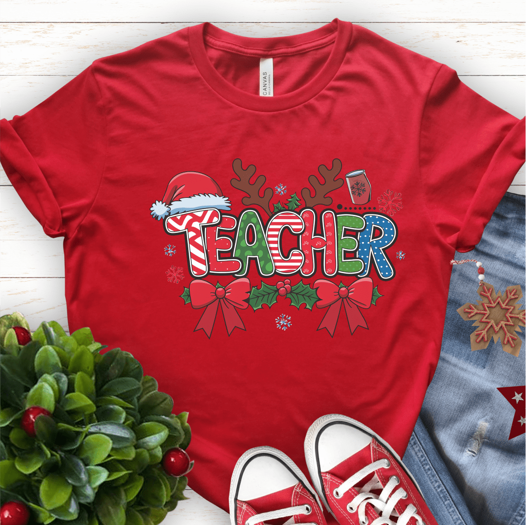 T-Shirt Red / S Teacher Christmas Pattern Antlers T-Shirt