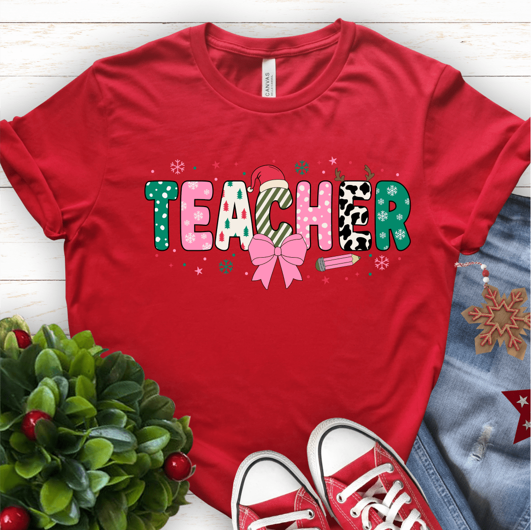 T-Shirt Red / S Teacher Christmas Pink Bow Pattern T-Shirt