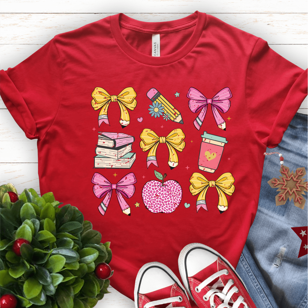 T-Shirt Red / S Teacher Coquette Pencil Bow Retro T-Shirt