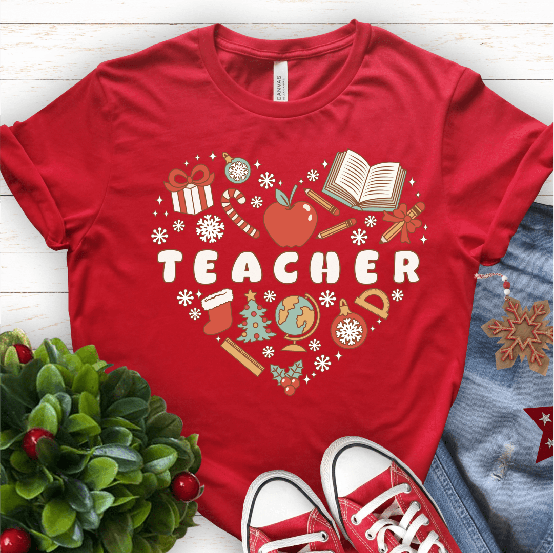 T-Shirt Red / S Teacher Retro Christmas Heart T-Shirt