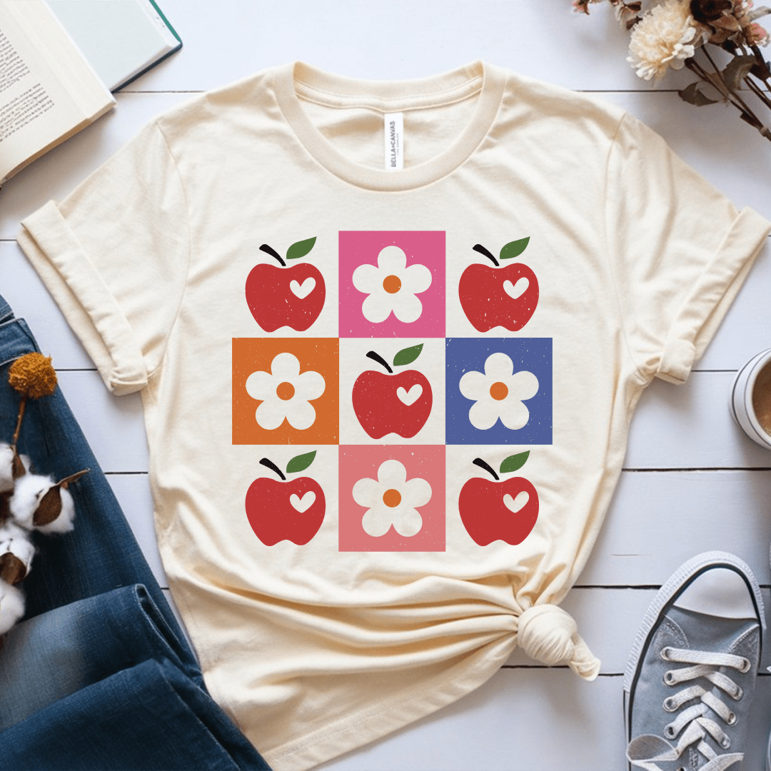 T-Shirt Soft Cream / S Apple Flower Textured Checkerboard Cute Teacher T-Shirt
