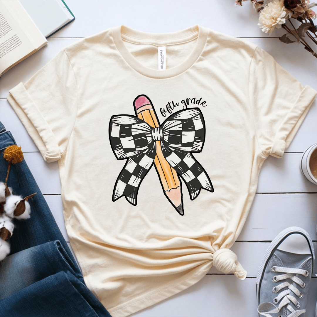 T-Shirt Soft Cream / S Personalized Grade Pencil Checkered Bow T-Shirt