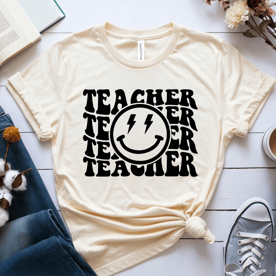 T-Shirt Soft Cream / S Teacher Wavy Groovy Text Lightning Smile T-Shirt