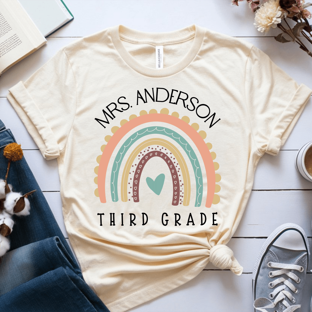 T-Shirt Soft Cream / XS Personalized Name and Grade Pastel Rainbow T-Shirt
