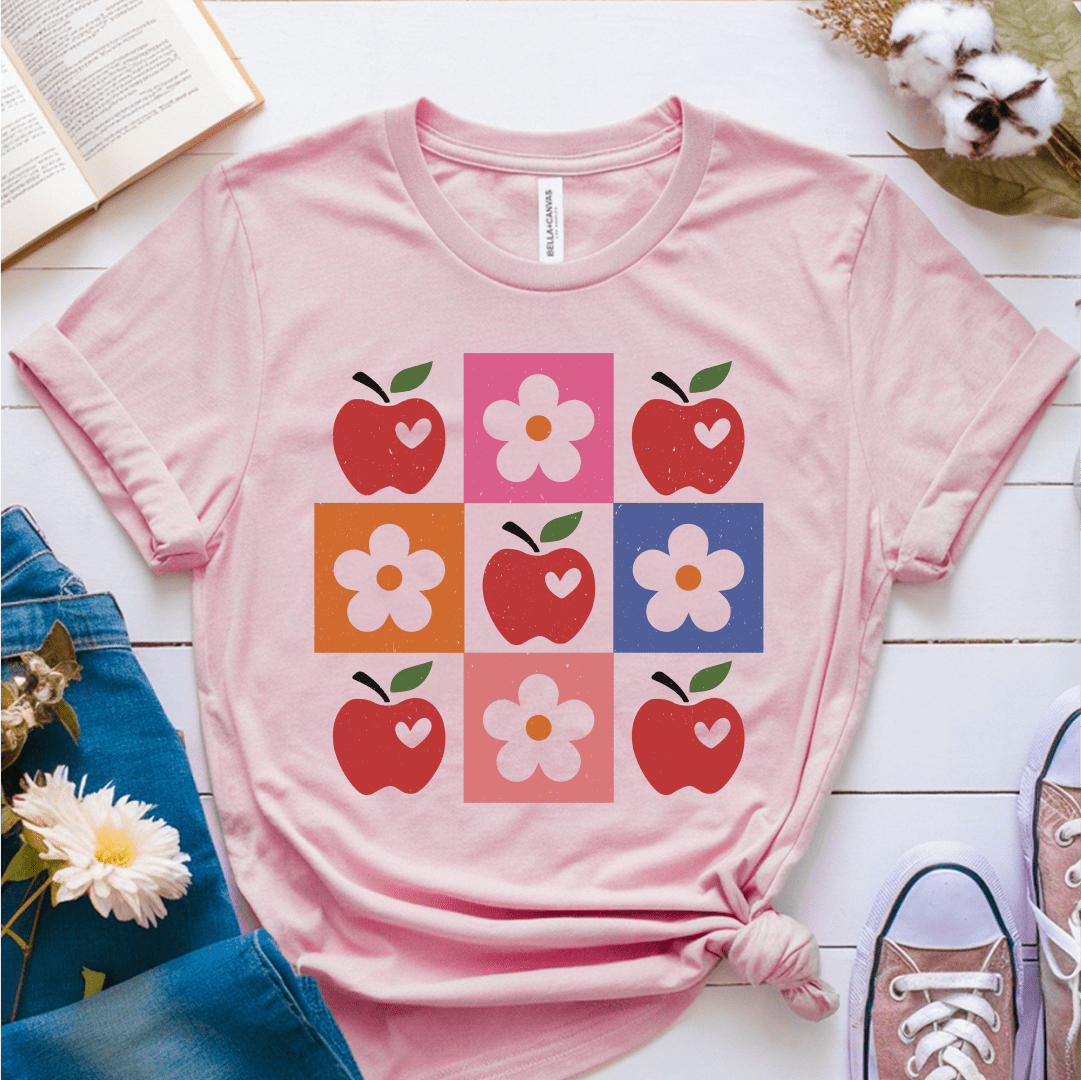T-Shirt Soft Pink / S Apple Flower Textured Checkerboard Cute Teacher T-Shirt