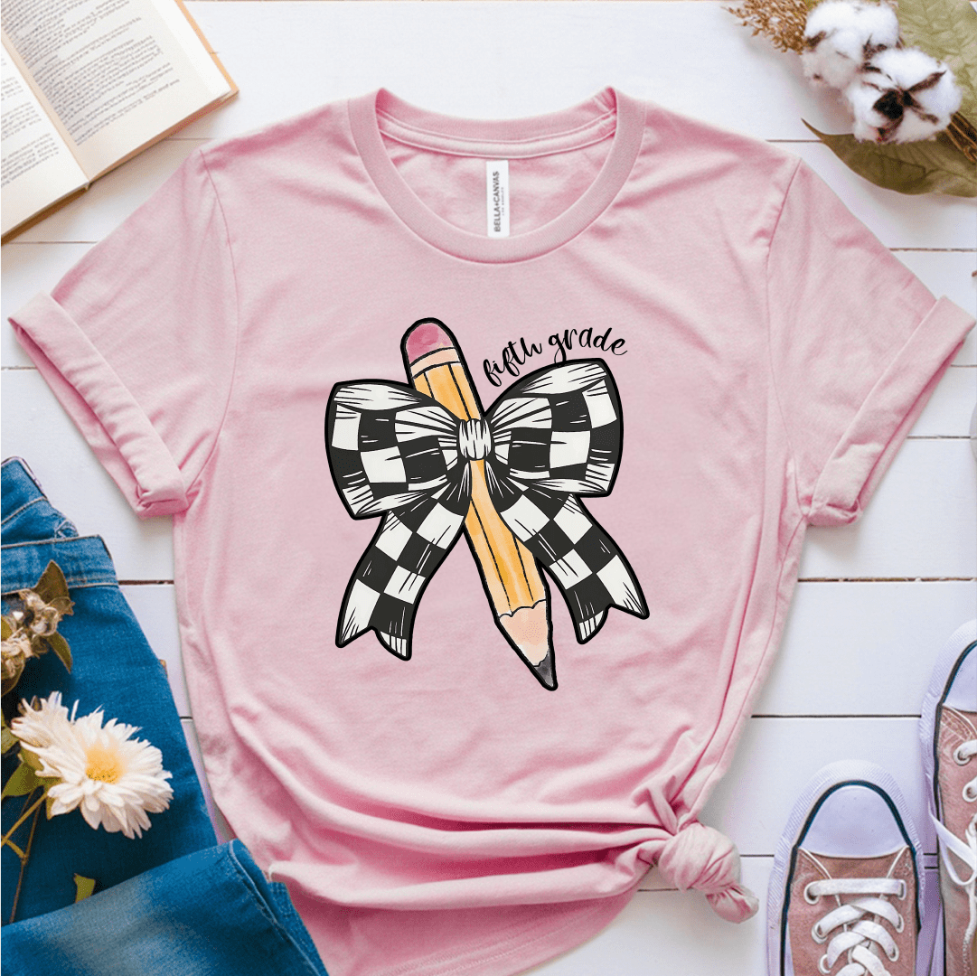 T-Shirt Soft Pink / S Personalized Grade Pencil Checkered Bow T-Shirt