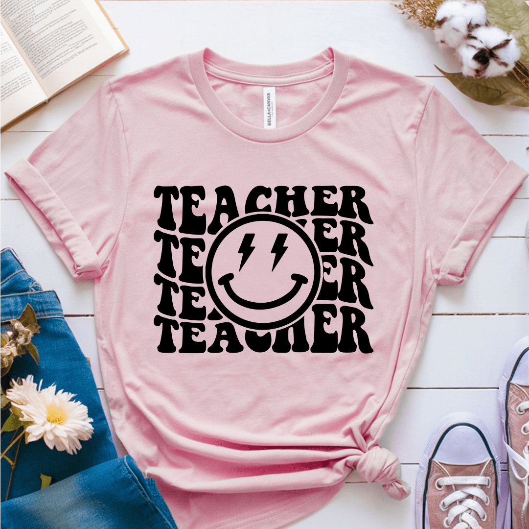 T-Shirt Soft Pink / S Teacher Wavy Groovy Text Lightning Smile T-Shirt