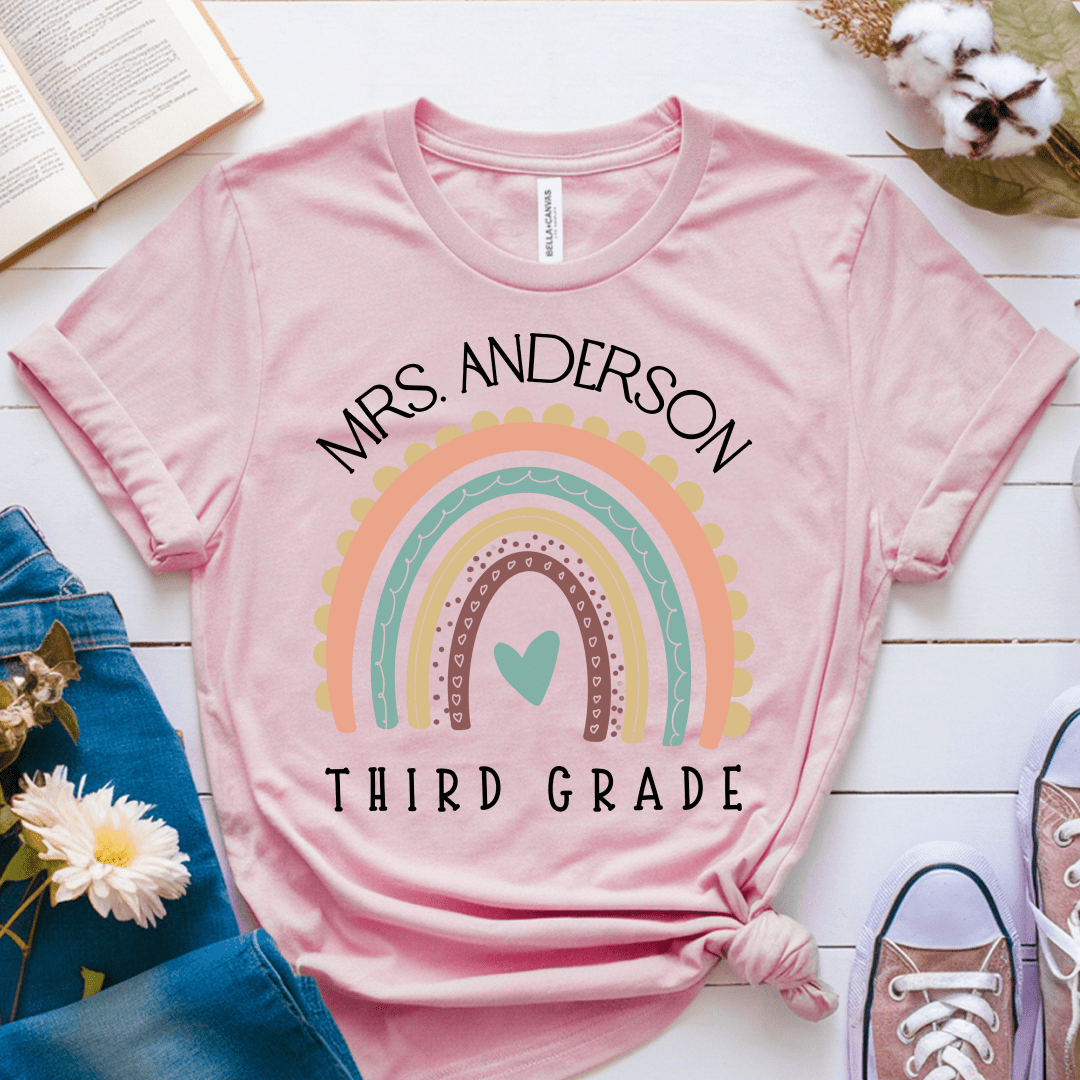 T-Shirt Soft Pink / XS Personalized Name and Grade Pastel Rainbow T-Shirt