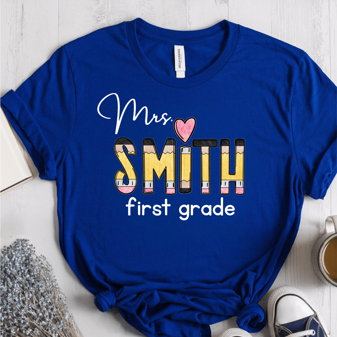 T-Shirt True Royal / S Personalized Name And Grade Pencil Heart T-Shirt