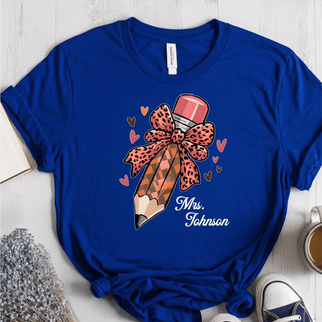 T-Shirt True Royal / S Personalized Name Pencil Pattern Bow Hearts T-Shirt