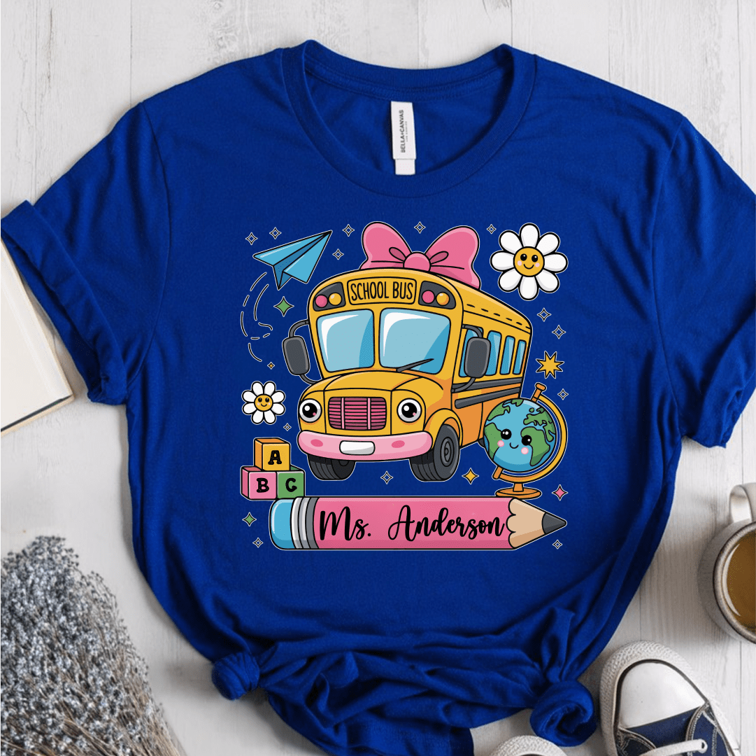 T-Shirt True Royal / S Personalized Name School Bus Cute Icon Pencil T-Shirt