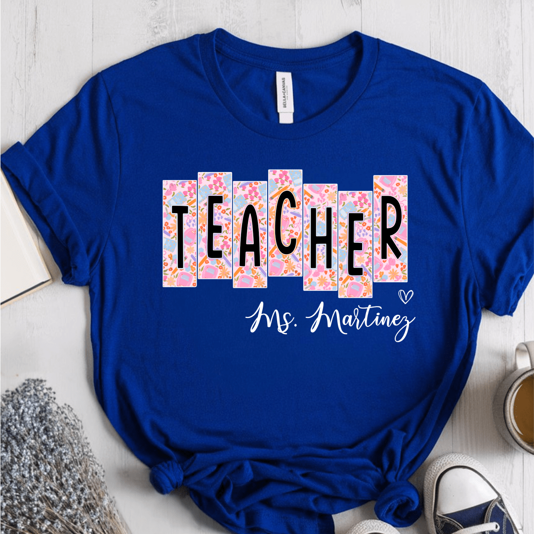 T-Shirt True Royal / S Personalized Teacher Name Floral Block Design T-Shirt