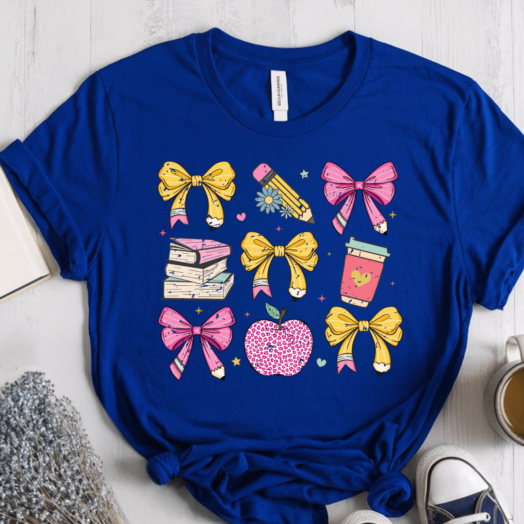 T-Shirt True Royal / S Teacher Coquette Pencil Bow Retro T-Shirt