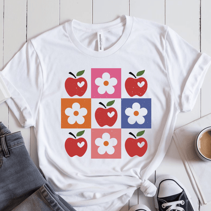T-Shirt White / S Apple Flower Textured Checkerboard Cute Teacher T-Shirt