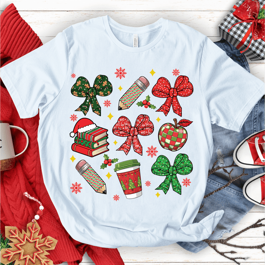 T-Shirt White / S Christmas Bow Pencil Pattern T-Shirt