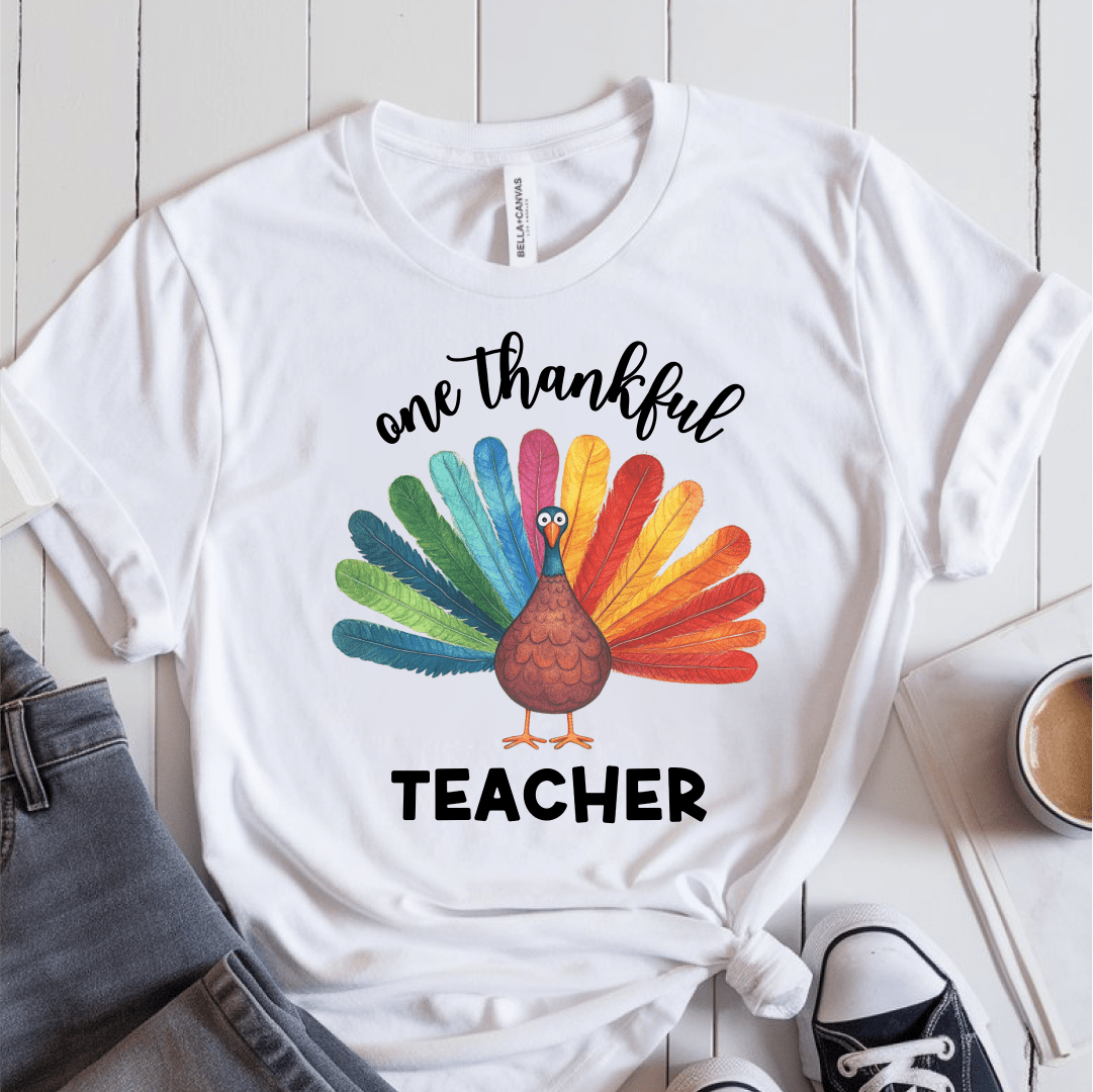 T-Shirt White / S One Thankful Teacher Colorful Turkey T-Shirt