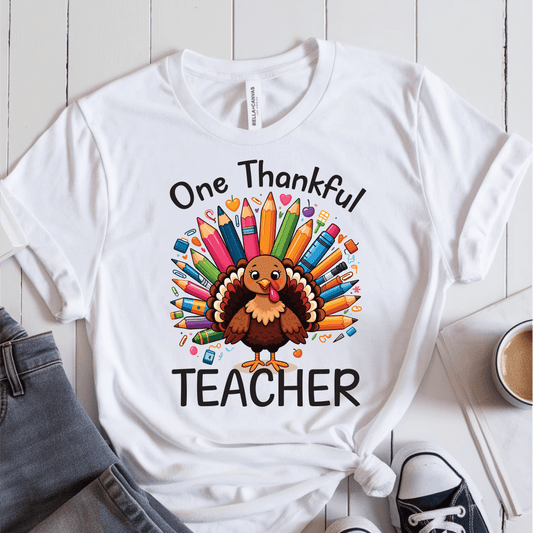 T-Shirt White / S One Thankful Teacher Pencil Turkey T-Shirt