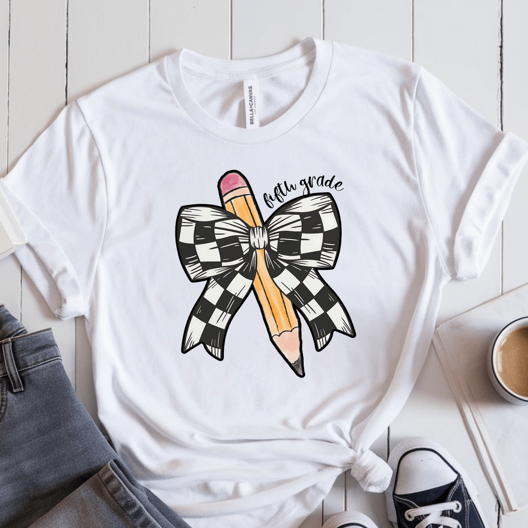 T-Shirt White / S Personalized Grade Pencil Checkered Bow T-Shirt