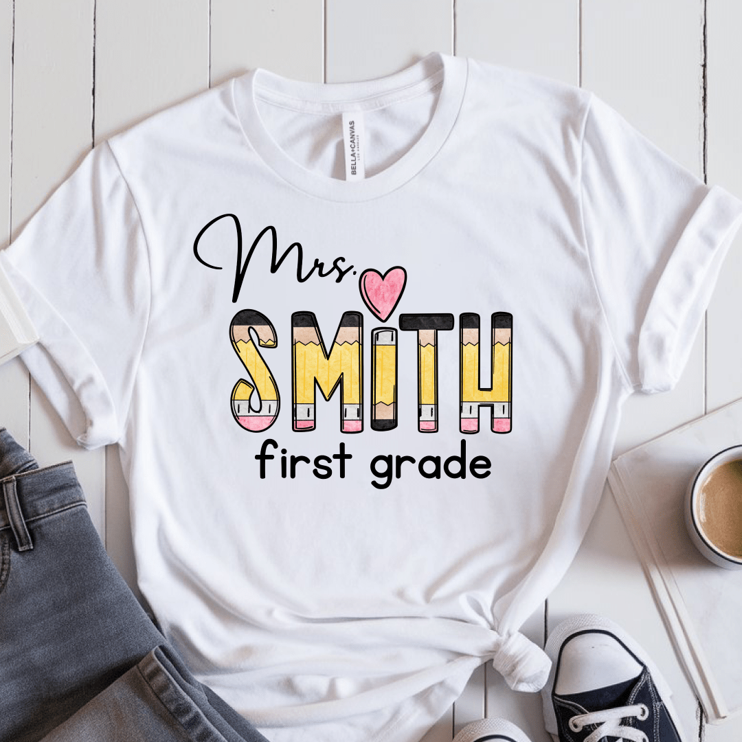 T-Shirt White / S Personalized Name And Grade Pencil Heart T-Shirt