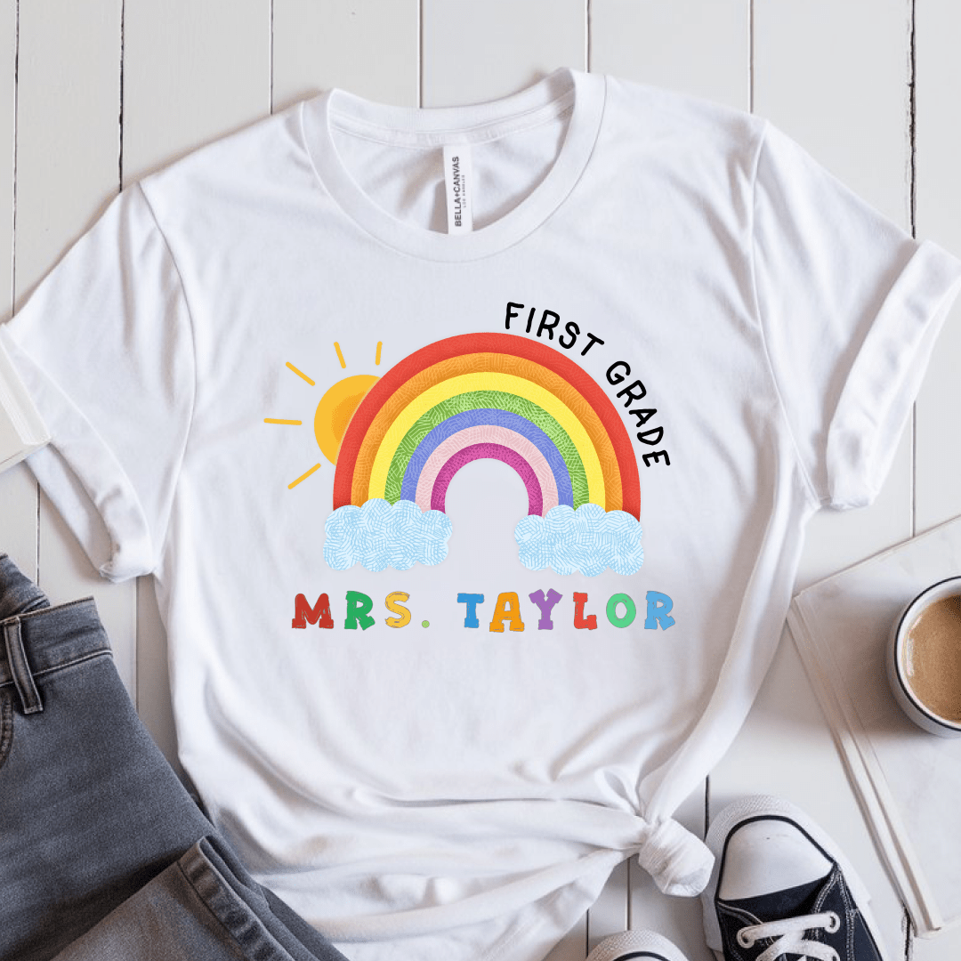 T-Shirt White / S Personalized Name Grade Rainbow Sun Colorful T-Shirt