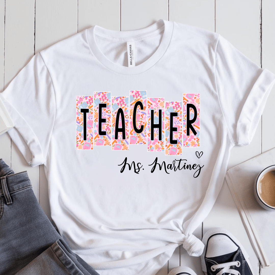 T-Shirt White / S Personalized Teacher Name Floral Block Design T-Shirt