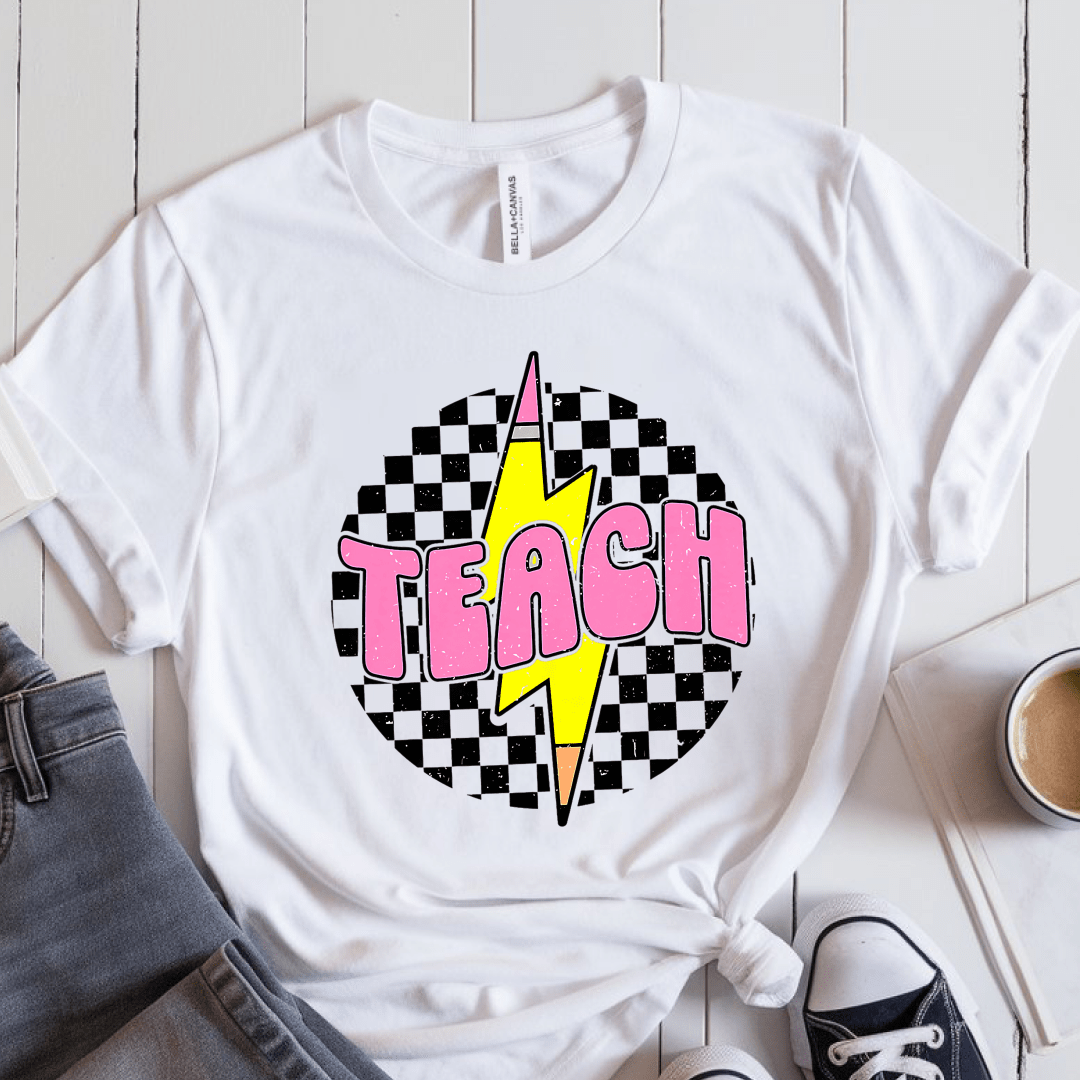 T-Shirt White / S Teach Lightning Checkered Pencil Vintage T-Shirt