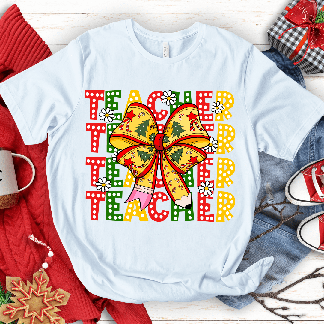 T-Shirt White / S Teacher Bow Christmas Red Green Yellow T-Shirt