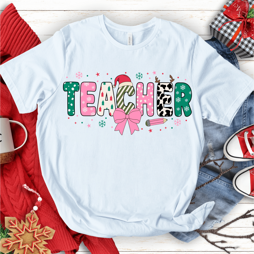 T-Shirt White / S Teacher Christmas Pink Bow Pattern T-Shirt