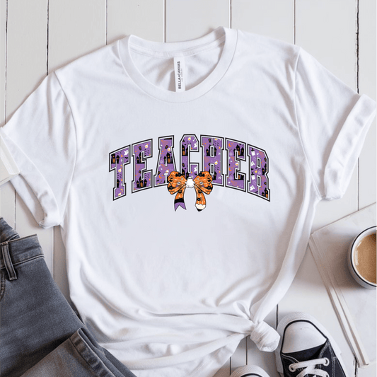 T-Shirt White / S Teacher Halloween Pencil Bow T-Shirt