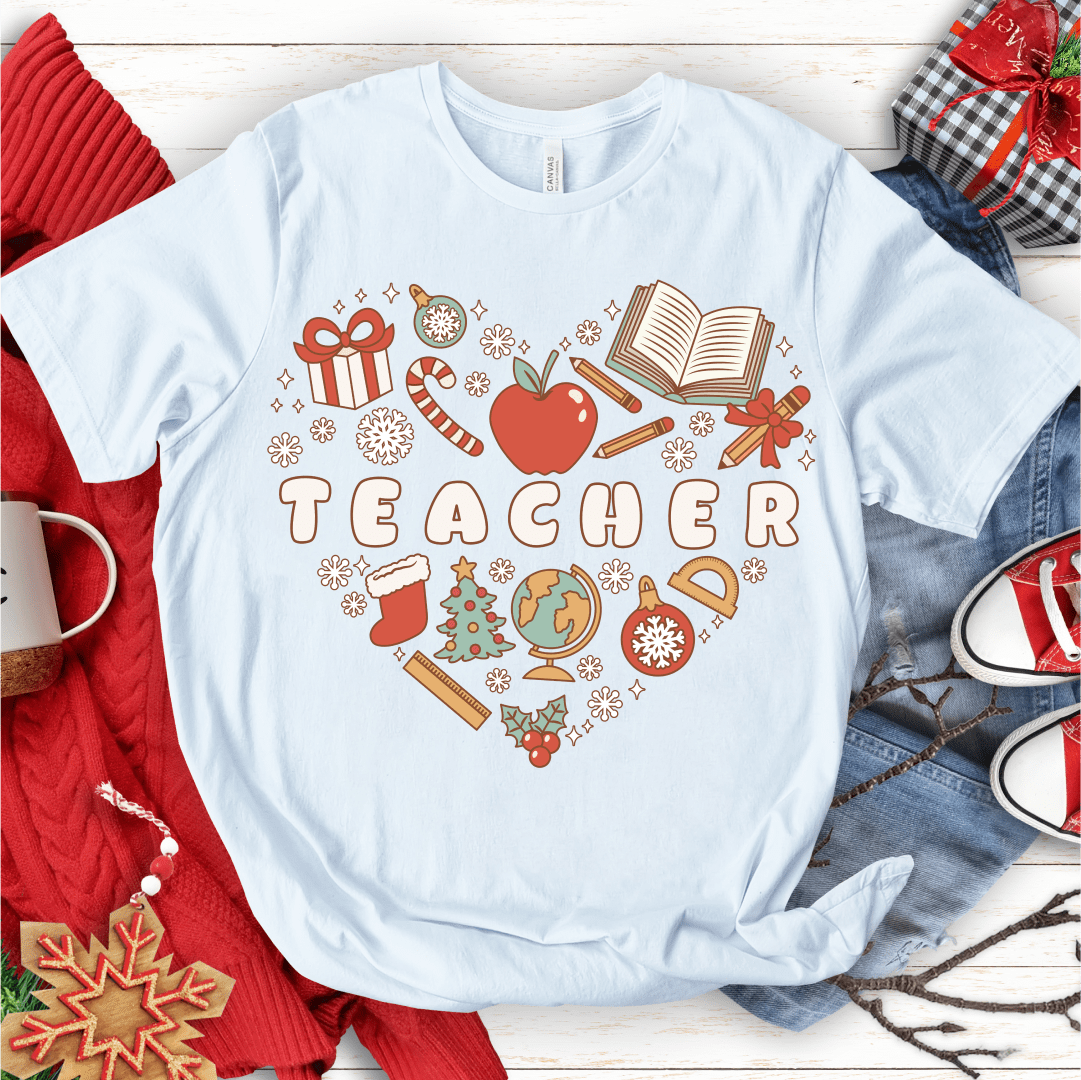 T-Shirt White / S Teacher Retro Christmas Heart T-Shirt