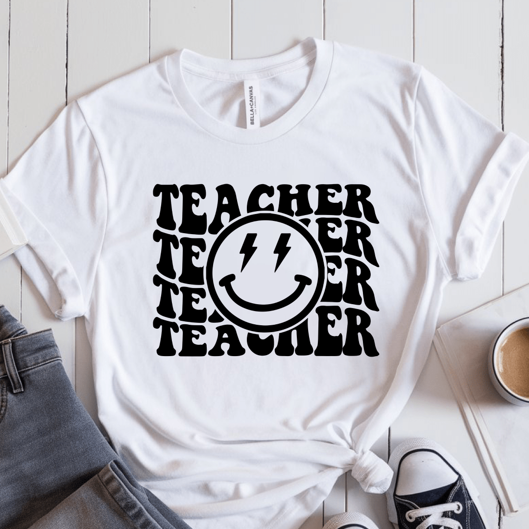T-Shirt White / S Teacher Wavy Groovy Text Lightning Smile T-Shirt