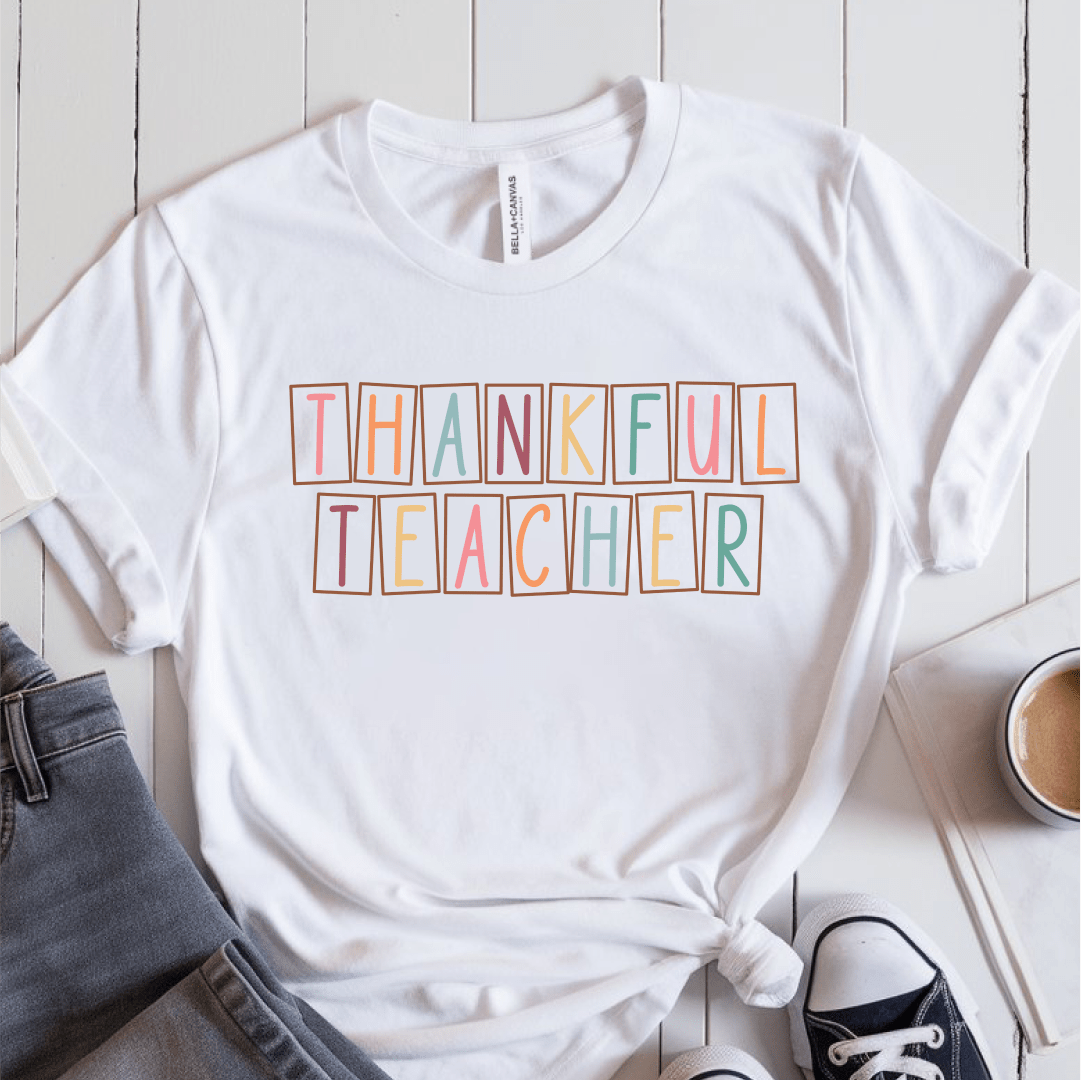 T-Shirt White / S Thankful Teacher Pastel Blocks T-Shirt
